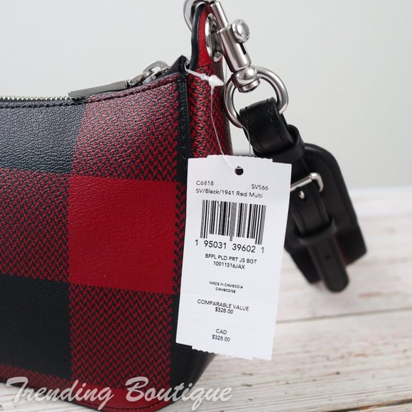 NWT Coach Jes Baguette Crossbody With Buffalo Plaid Print in Black/ Red - Picture 7 of 12